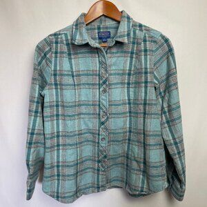 Pendleton Womens 100% Virgin Wool Plaid Flannel Button Up Shirt Size L Teal